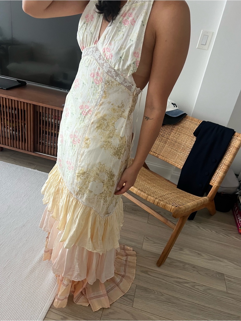 LoveShackFancy silk Cream Halter Floral Tiered Maxi Dress with Pastel Ruffles